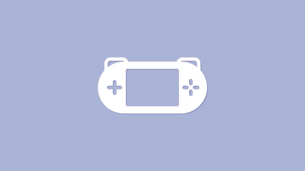 Біла портативна піктограма відеоігрової консолі ізольована на фіолетовому фоні. Знак ґамепаду. Ігрова концепція. 4K Відео рух графічна анімація
 - Кадри, відео
