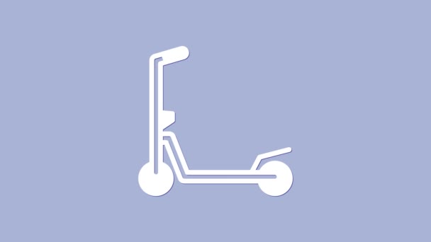 Patinete scooter blanco para niños icono aislado sobre fondo púrpura. Patada scooter o bicicleta de equilibrio. Animación gráfica de vídeo 4K - Metraje, vídeo