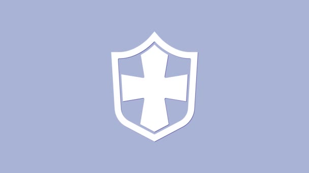 Fehér Pajzs ikon elszigetelt lila háttér. Őrség jel. Biztonság, biztonság, védelem, adatvédelem. 4K Videó mozgás grafikus animáció - Felvétel, videó