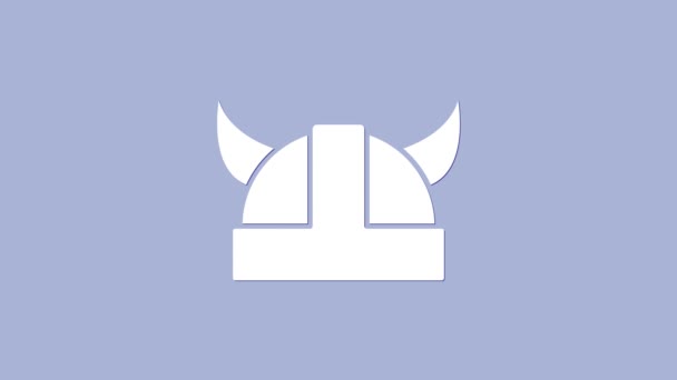 Blanco Vikingo en casco con cuernos icono aislado sobre fondo púrpura. Animación gráfica de vídeo 4K - Metraje, vídeo