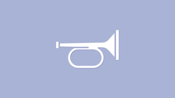 Иконка Белая Труба выделена на фиолетовом фоне. Музыкальный инструмент труба. Видеографическая анимация 4K - Кадры, видео