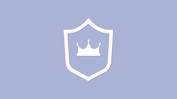 Wit schild met kroon pictogram geïsoleerd op paarse achtergrond. 4K Video motion grafische animatie - Video