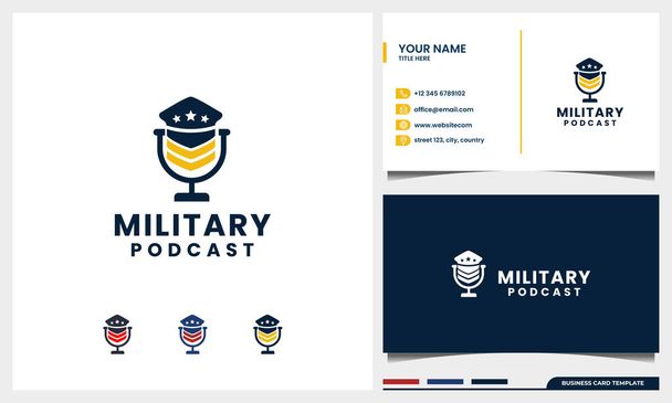 mikrofonní podcast s koncepcí vojenského loga a šablonou vizitky - Vektor, obrázek
