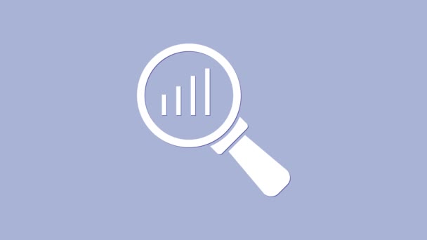 Lupa blanca e icono de análisis de datos aislado sobre fondo púrpura. Animación gráfica de vídeo 4K - Imágenes, Vídeo