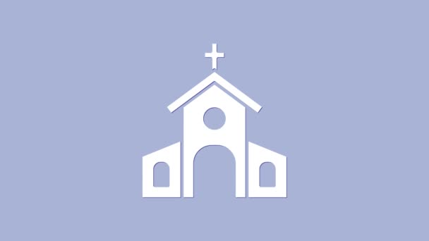 Fehér templom épület ikon elszigetelt lila háttér. Keresztény egyház. Az egyház vallása. 4K Videó mozgás grafikus animáció - Felvétel, videó