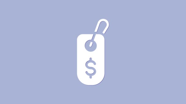 White Price etiqueta con el icono del dólar aislado sobre fondo púrpura. Insignia por precio. Venta con símbolo de dólar. Descuento de etiqueta promocional. Animación gráfica de vídeo 4K - Metraje, vídeo