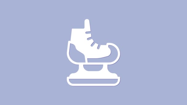 Icono de patines blancos aislado sobre fondo púrpura. Icono de zapatos de patín de hielo. Botas deportivas con cuchillas. Animación gráfica de vídeo 4K - Metraje, vídeo