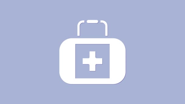 Icône blanche de trousse de premiers soins isolée sur fond violet. Boîte médicale avec croix. Matériel médical d'urgence. Concept de soins de santé. Animation graphique de mouvement vidéo 4K - Séquence, vidéo