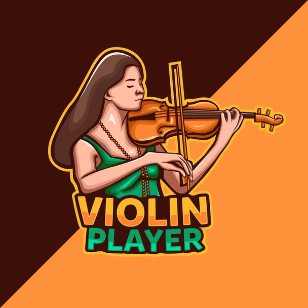 バイオリン奏者マスコットのロゴ。10代の女の子がバイオリン楽器を演奏し - ベクター画像