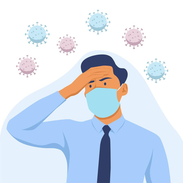 Ένας άνθρωπος έχει πυρετό και παρουσιάζει συμπτώματα λοίμωξης από τον ιό του στομίου. - Διάνυσμα, εικόνα