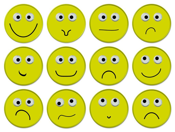 Sok sárga hangulatjelek különböző arckifejezések, 3D-illusztráció - Fotó, kép