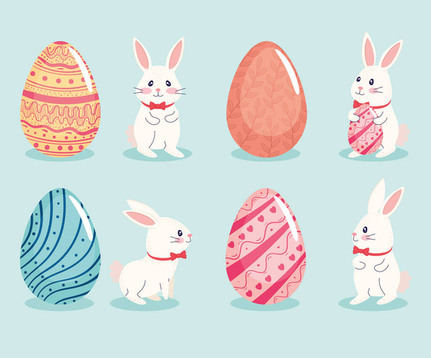 boldog húsvéti szezon kártya készlet négy tojás és nyúl - Vektor, kép