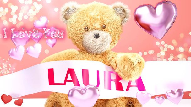 Ich liebe dich Laura - süßer und süßer Teddybär auf einer Hochzeit, Valentinstag oder einfach nur, um zu sagen, ich liebe dich rosa Festkarte, fröhlich, fröhlich Party-Stil mit Glitzer und roten und rosa Herzen, 3D-Illustration - Foto, Bild