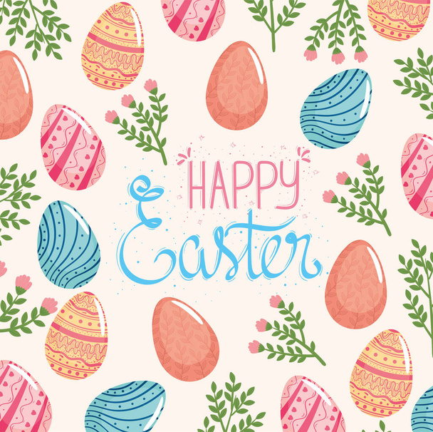 boldog húsvéti levelezőlap nyulakkal és tojásokkal festett - Vektor, kép
