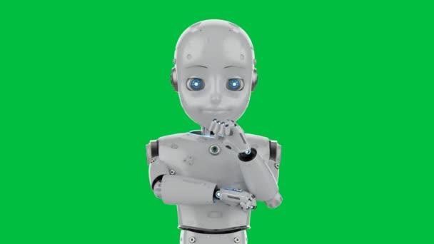 3D renderelés aranyos robot vagy mesterséges intelligencerobot rajzfilm karakter nézz körül, és gondolom a zöld képernyőn 4k felvételek - Felvétel, videó