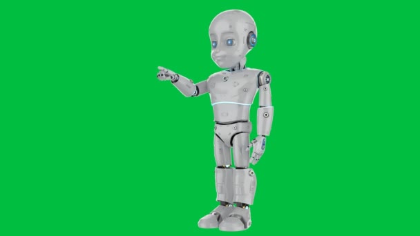 3Dレンダリングかわいいロボットや人工知能ロボットとともに漫画のキャラクター指ポイントオン緑の画面4k映像 - 映像、動画