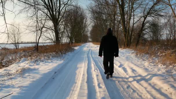 Mężczyzna odjeżdżający w oddali wzdłuż pokrytej śniegiem polnej drogi. Wycofująca się osoba na drodze. Ludzie w zimie. Człowiek idący w stronę horyzontu. Ścieżka człowieka. Biały śnieg. - Materiał filmowy, wideo