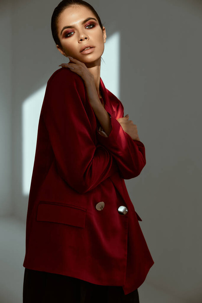 pretty woman in red blazer fashion jewelry luxury - Photo, Image