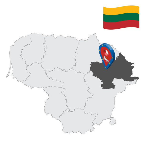 Місце розташування округу Утена на карті Литви. Знак 3d схожий на прапор округу Утена. Якісна карта з графствами Литви для Вашого дизайну. ЕПС10. - Вектор, зображення