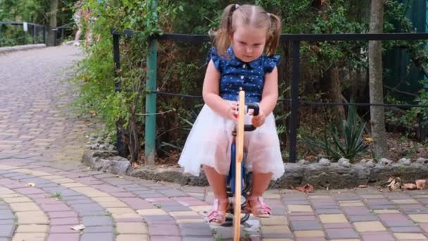 Petite fille enfant joue et roule sur une balançoire sur une aire de jeux pour enfants - Séquence, vidéo