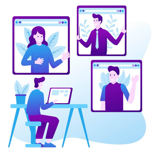 Мужчина проводит видеоконференцию со своей бизнес-командой онлайн, телекоммуникационные, удаленные рабочие и бизнес-коммуникации - Вектор,изображение