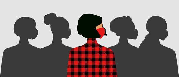 Quarantena di Coronavirus. 2019-nCoV, una donna che indossa una maschera medica rossa e un maglione a quadri di moda. Ombre di persone mascherate. Rosso e nero. - Foto, immagini