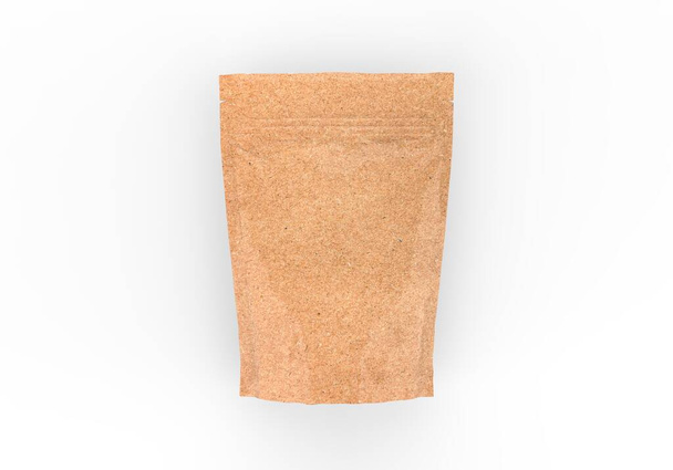 Kraft Papiertaschen-Attrappe für Tee, Kaffee, Hülsenfrüchte, Bohnen, Getreide & Cornflakes. Leere Bastel-Doy-Pack-Attrappe auf isoliertem weißem Hintergrund, 3D-Illustration  - Foto, Bild
