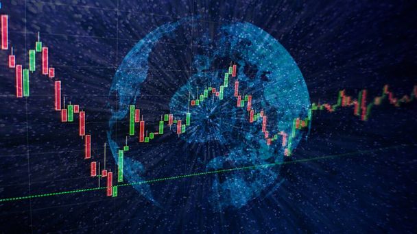 Technikai ár grafikon és mutató, piros és zöld gyertyatartó chart kék téma képernyőn, piaci volatilitás, fel és le trend. Tőzsdei kereskedés, kriptovaluta háttér. - Fotó, kép