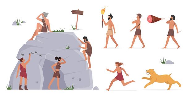 Primal tribe people standing with cave, painting, caveman running away from tiger set - Vector, Image