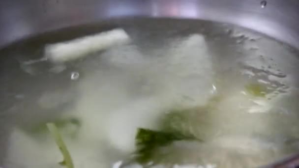 Dongchimi (waterige Kimchi), die samenwerkt met Makguksu (noedels gemaakt van boekweit en kruidige kruiden), een traditionele Koreaanse keuken in de provincie Gangwon - Video