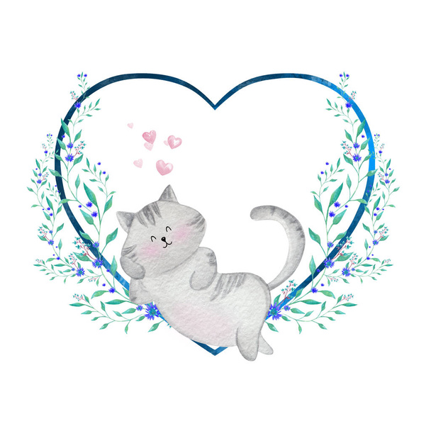 Cute cat in love. Watercolor illustration - Photo, Image