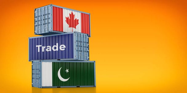 Contenedores de carga con bandera de Canadá y Pakistán. Renderizado 3D  - Foto, imagen
