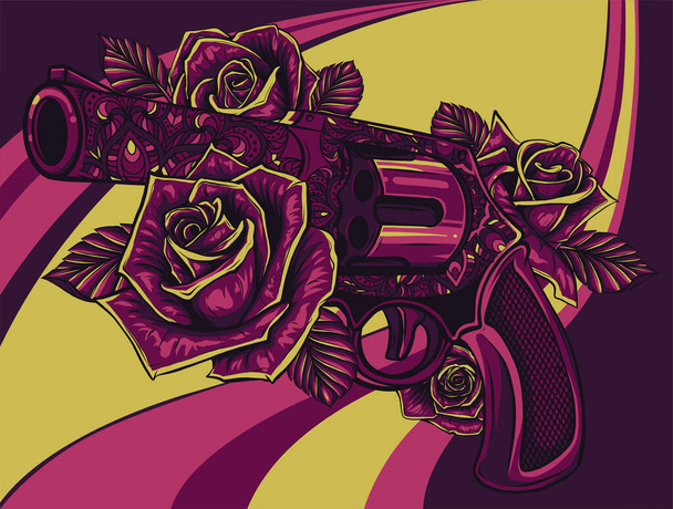 vector ilustración de revólver potro con rosas - Vector, imagen