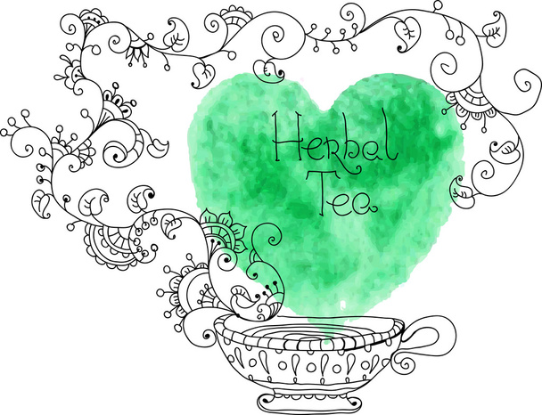 Herbal tea with watercolor green heart - Wektor, obraz
