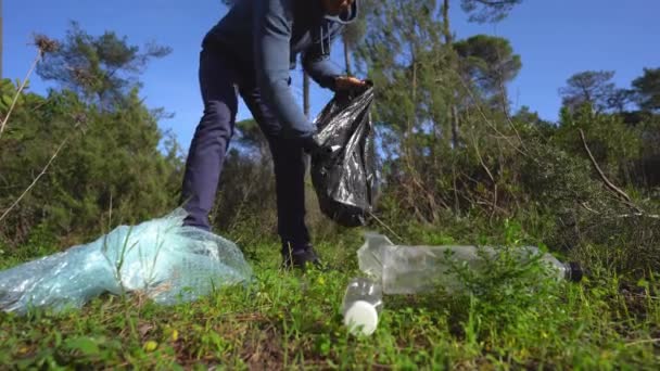 プラスチックごみの森を掃除する男。自然浄化だ。ボランティアが森の中でプラスチックを拾う。緑ときれいな自然。プラスチック意識活動と生態学の概念 - 映像、動画