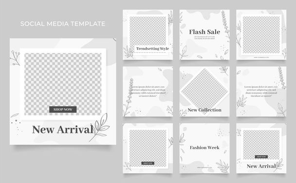 social media template banner fashion sale promotion. fully editable instagram and facebook square post frame puzzle organic sale poster. black grey white floral vector background - Vector, Image
