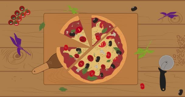 Die Pizza auf den braunen Tisch schneiden - Filmmaterial, Video
