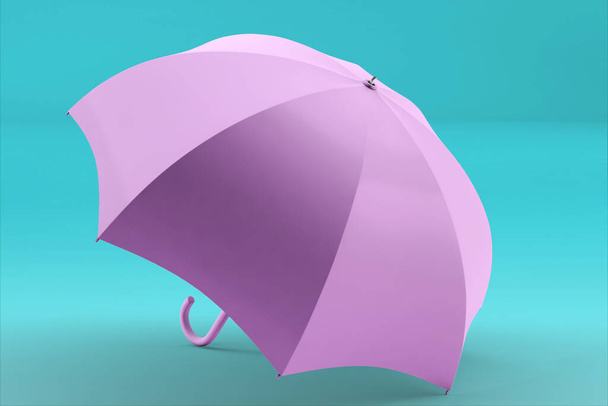 3D καθιστώντας ομπρέλα μπροστά και πάνω άποψη. ρεαλιστική μακέτα κενής ομπρέλας με ξύλινη λαβή, κλασικό αξεσουάρ για την προστασία από τη βροχή την άνοιξη, φθινόπωρο ή μουσώνα εποχή - Φωτογραφία, εικόνα