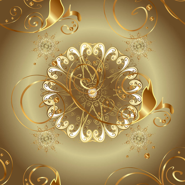 Golden elements on beige and brown colors. Seamless vector background. Stylish graphic pattern. Floral pattern. Sketch baroque, damask. - Vetor, Imagem