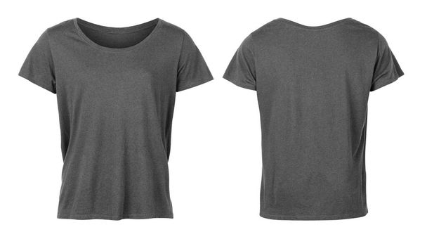 Camiseta unisex gris realista frente y espalda maqueta aislada sobre fondo blanco con camino de recorte. - Foto, Imagen