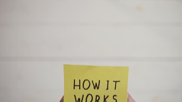 Cómo funciona escrito en una pegatina amarilla. Manos de hombre sosteniendo un papel amarillo pegajoso sobre un fondo blanco - Metraje, vídeo