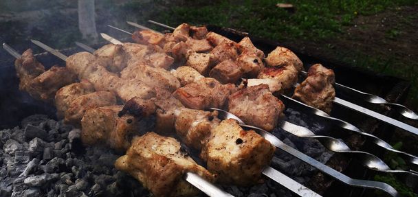 outdoor food, barbecue, grill, charcoal food. selective focus - Photo, Image