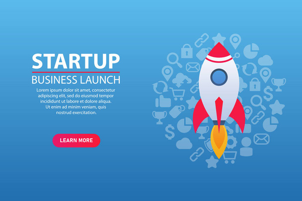 Business startup. Successful rocket launch. Rocket around business startup problem icons. Can be used on web pages, mobile sites, and presentations. Investment, innovation, business boost. - Vector, Image