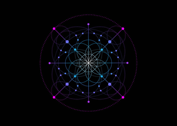 神聖な幾何学、カラフルな生命のシンボルの種。ロゴアイコン錬金術の幾何学的神秘的な曼荼羅生命の花。黒の背景に隔離されたベクトルネオンラインアートタトゥー神瞑想のお守り - ベクター画像