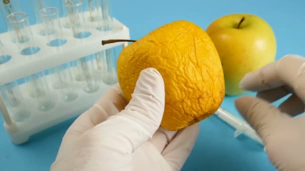 appel in genetische manipulatie laboratorium met spuit en reageerbuisjes op blauwe achtergrond, gmo food concept - Video