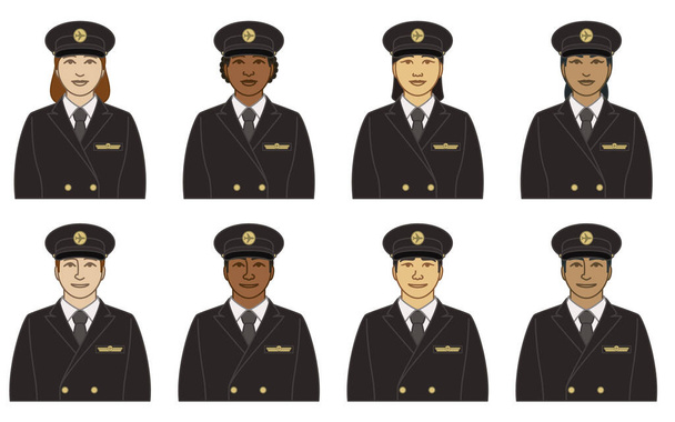 różnorodność, rasa, pochodzenie etniczne pilota linii lotniczych, ikony wektora kapitana samca i samicy, ubrani w garnitur, krawat i czapkę, odizolowani na białym tle - Wektor, obraz