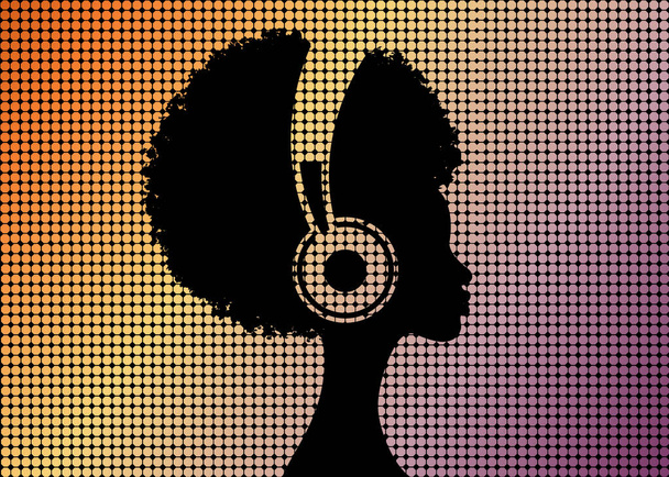 Afro chica rizada escucha música en los auriculares. Musicoterapia. Perfil de una joven afroamericana. Músico avatar vista lateral. Ilustración vectorial aislada sobre fondo de mosaico de rejilla colorida - Vector, Imagen