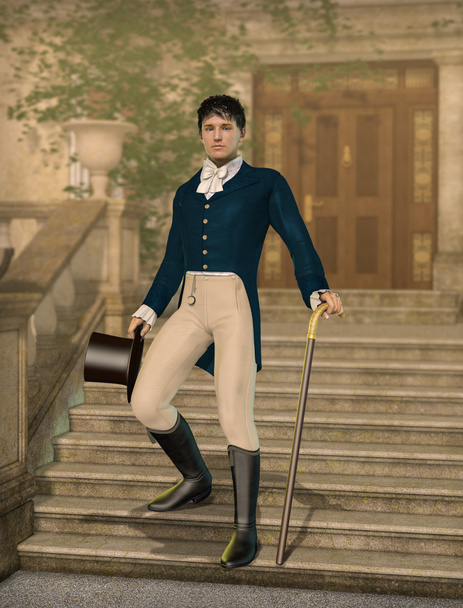Eleganter junger Gentleman-Dandy in Regency-Manier mit Hut und Gehstock auf den Stufen zu einer beeindruckenden Villa, 3D-Render - Foto, Bild