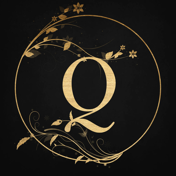 Lüks Butik Harf Q Monogram Logosu Zarif Çiçek Tasarımlı Klasik Altın Rozet - Fotoğraf, Görsel