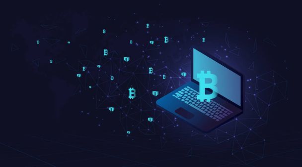 Bitcoin ve Blockchain konsepti. Dijital para piyasası, yatırım, finans ve ticaret. Bitcoin sembollü dizüstü bilgisayar. İş, Finans ve Teknoloji Konsepti.  - Vektör, Görsel